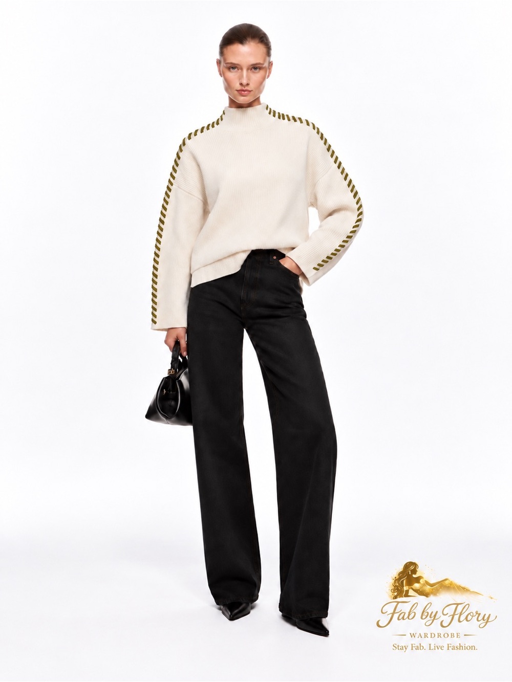 En Saison Merrill Whip Stitch Oversized Sweater Off White Olive XS NWT